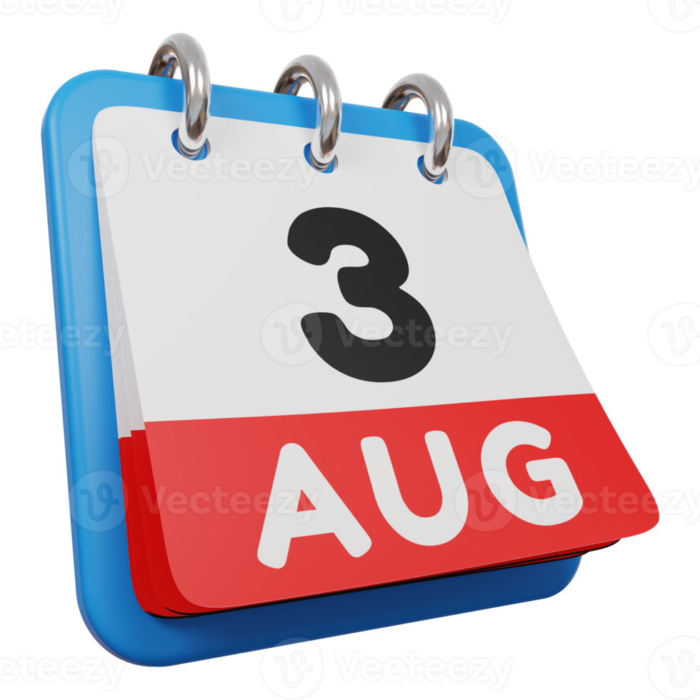 3 de agosto día calendario 3d render vista derecha png