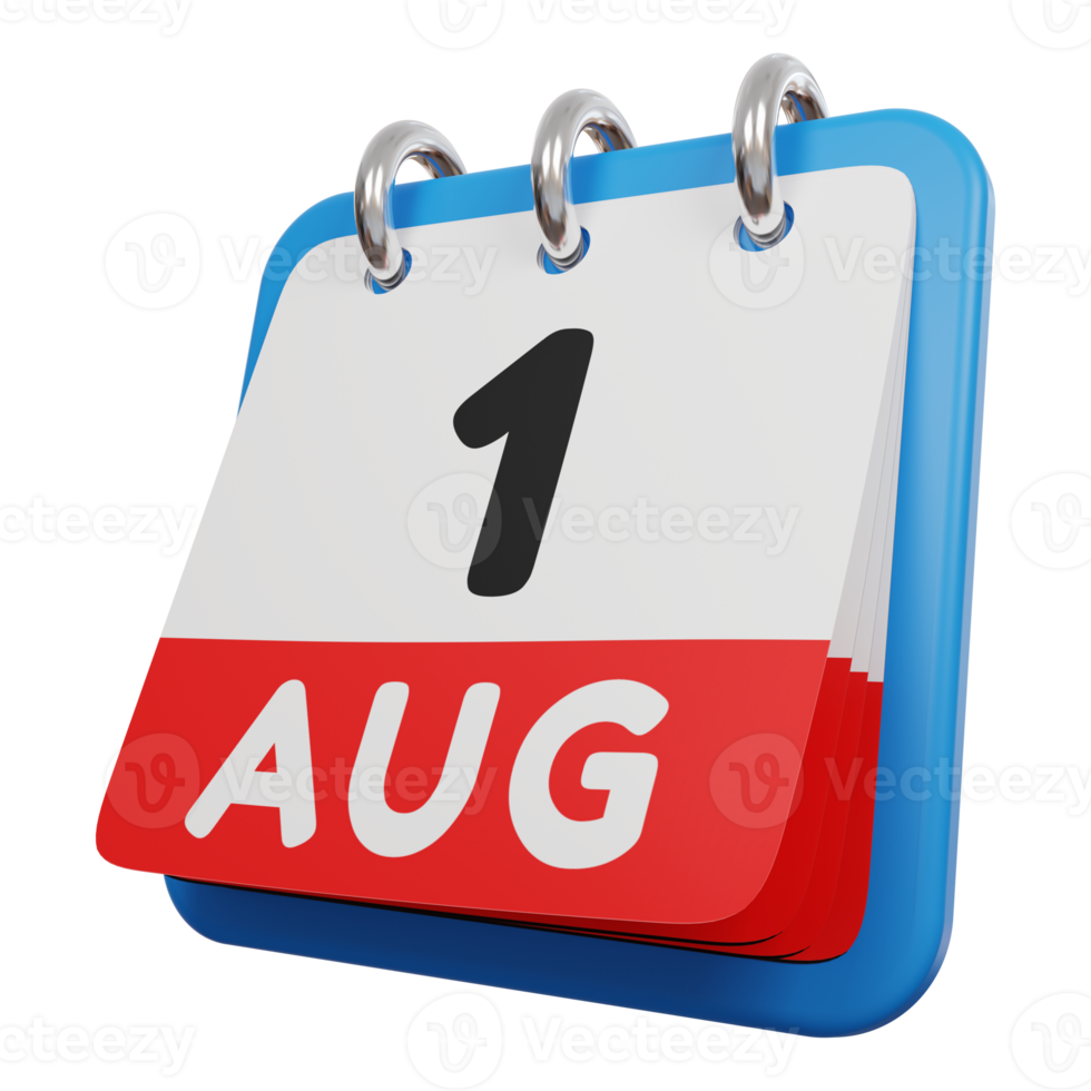 1 dia de agosto calendário 3d renderização vista esquerda png