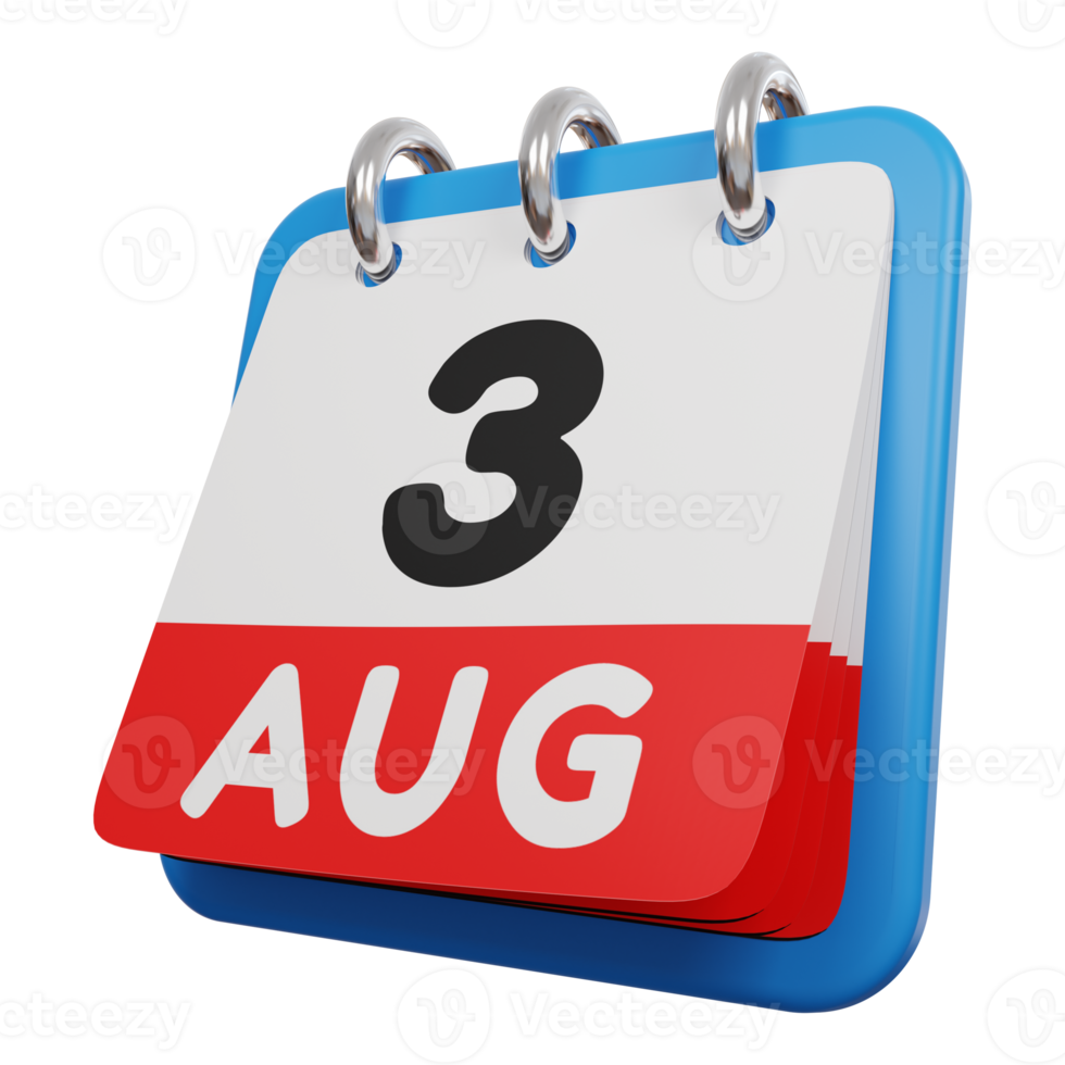 calendário de 3 de agosto renderização 3d vista esquerda png