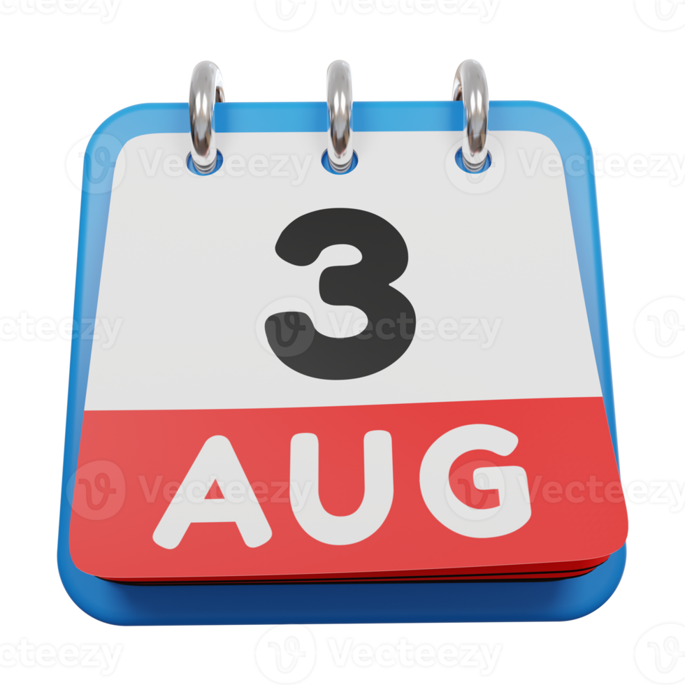 3 août jour calendrier rendu 3d vue de face png