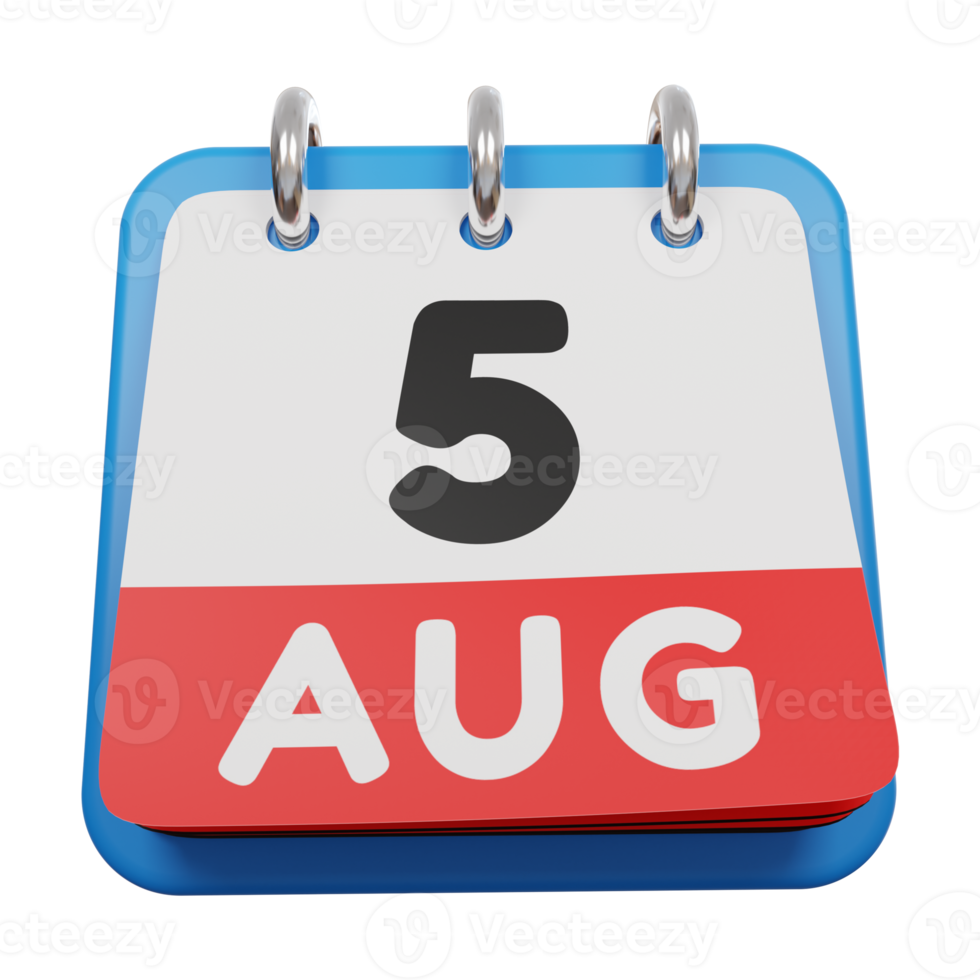 5 de agosto calendário 3d render vista frontal png