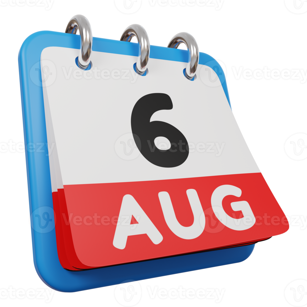 6 de agosto dia calendário 3d renderização vista direita png