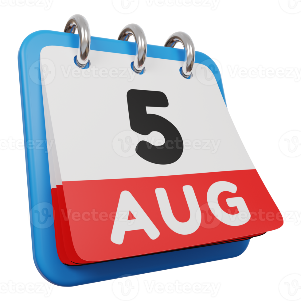 5 de agosto calendário 3d renderização vista direita png