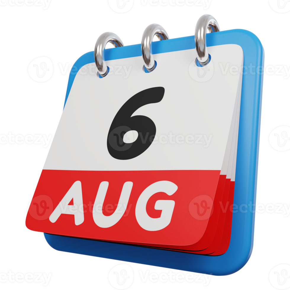 6 de agosto calendário 3d renderização vista esquerda png