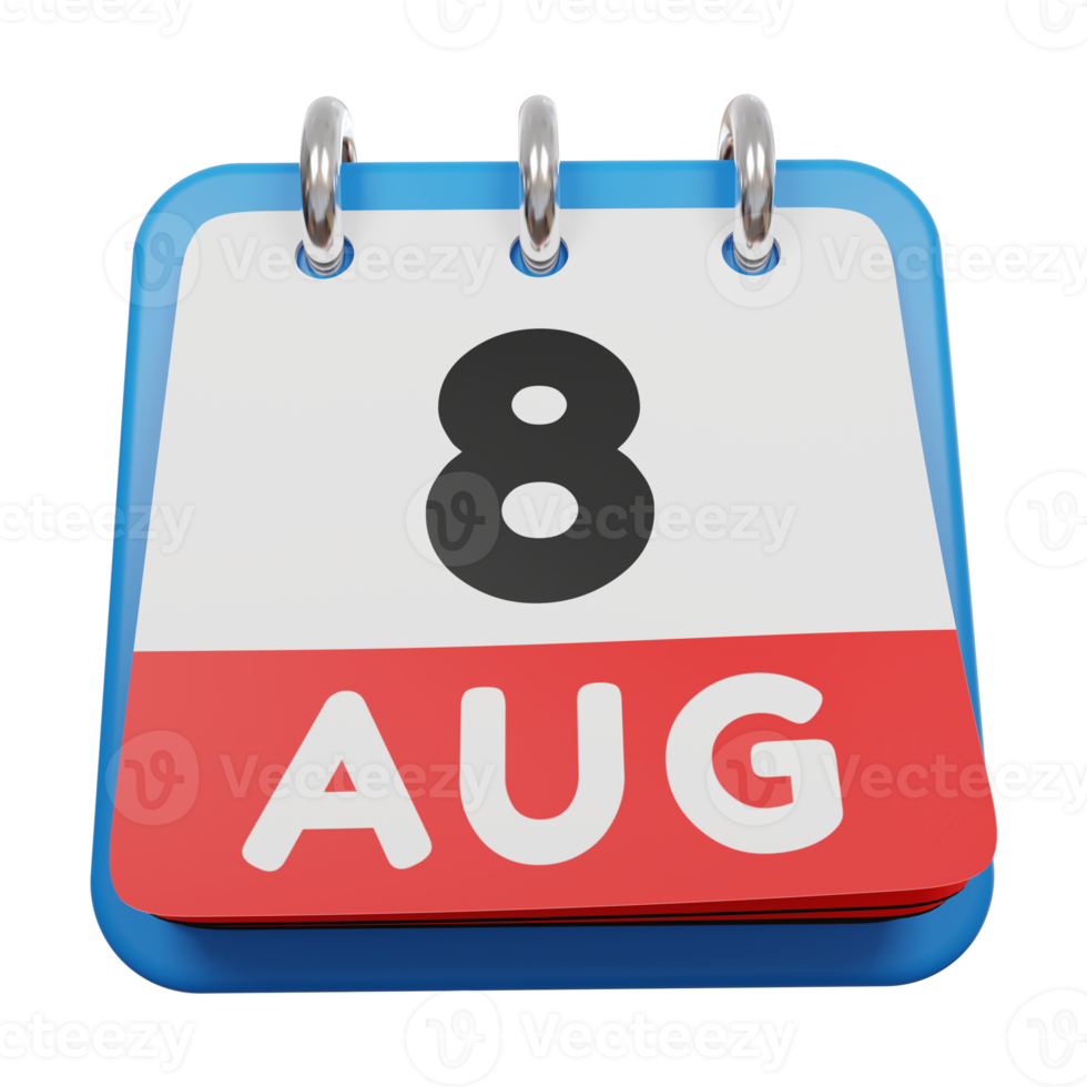 8 de agosto dia calendário 3d render vista frontal png