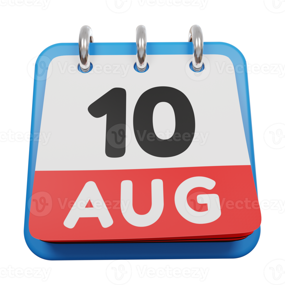 10 augustus dagkalender 3d render vooraanzicht png