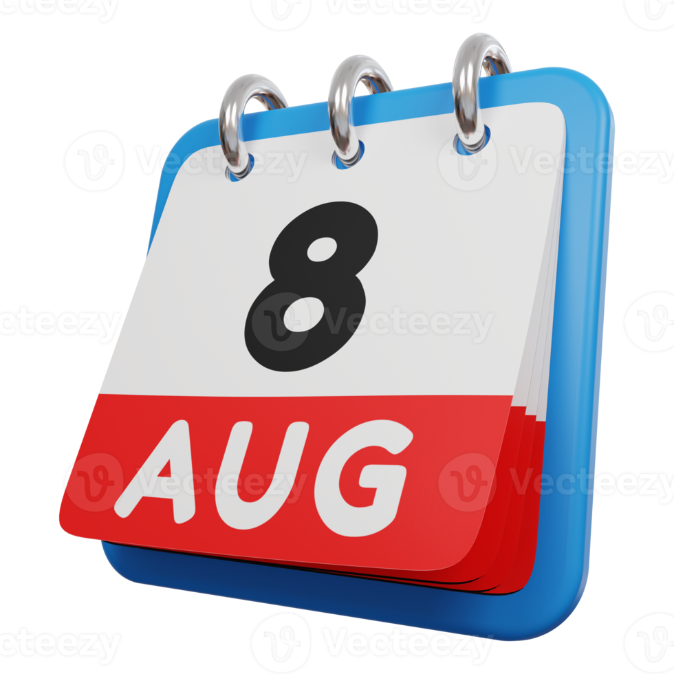 8 de agosto calendário 3d renderização vista esquerda png