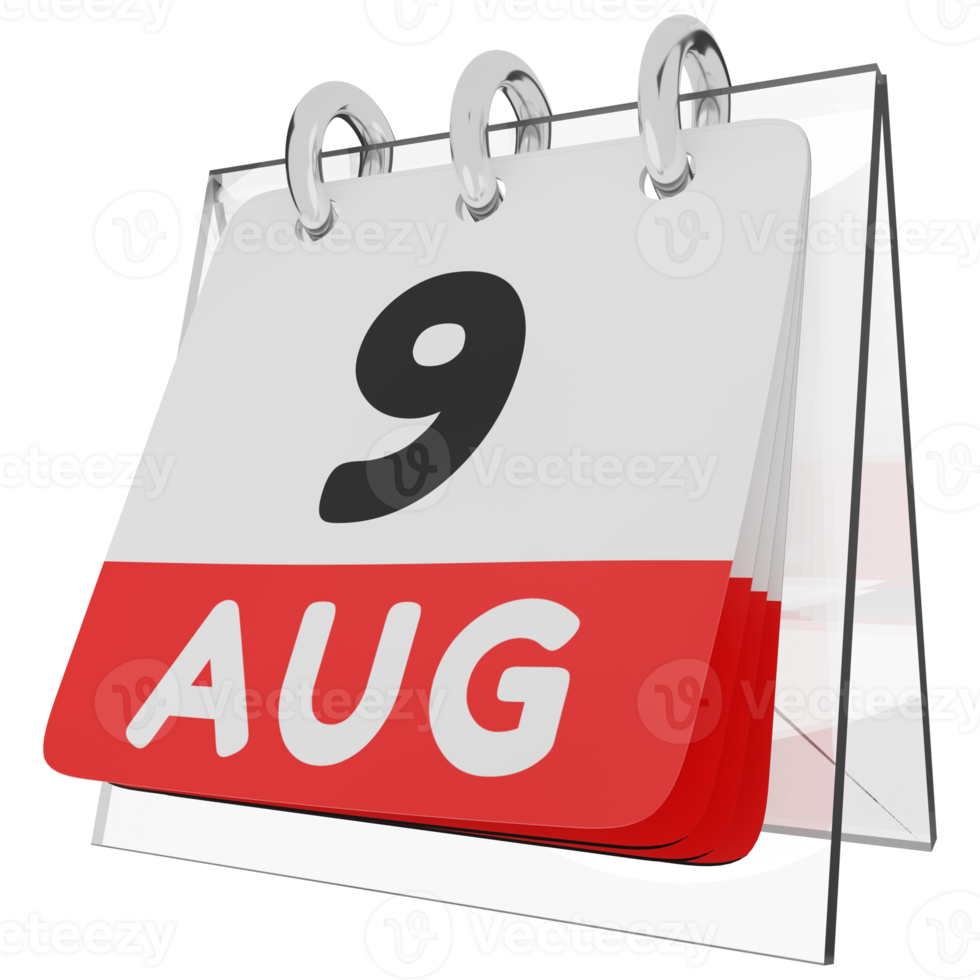 Glass calendar schedule 3d render 9 august left view png