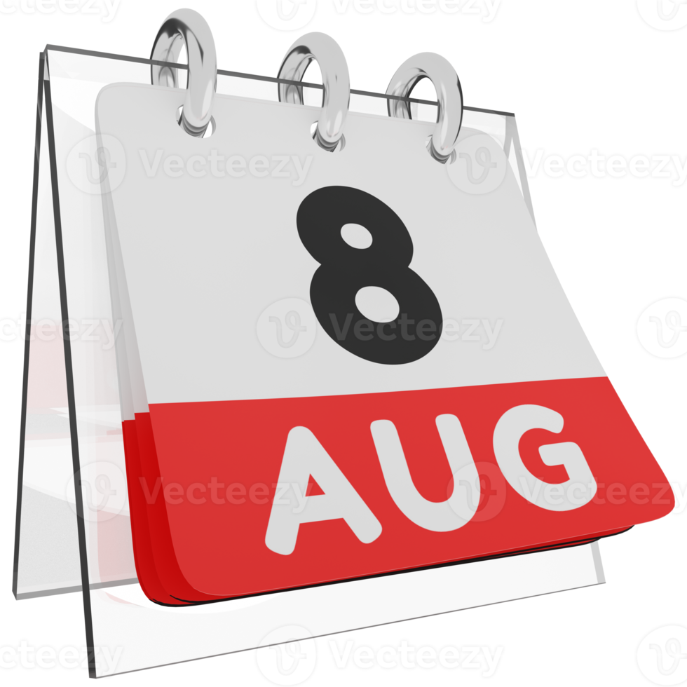 Glass calendar schedule 3d render 8 august right view png