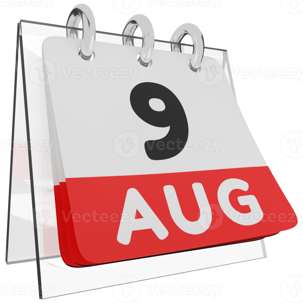 Glass calendar schedule 3d render 9 august right view png