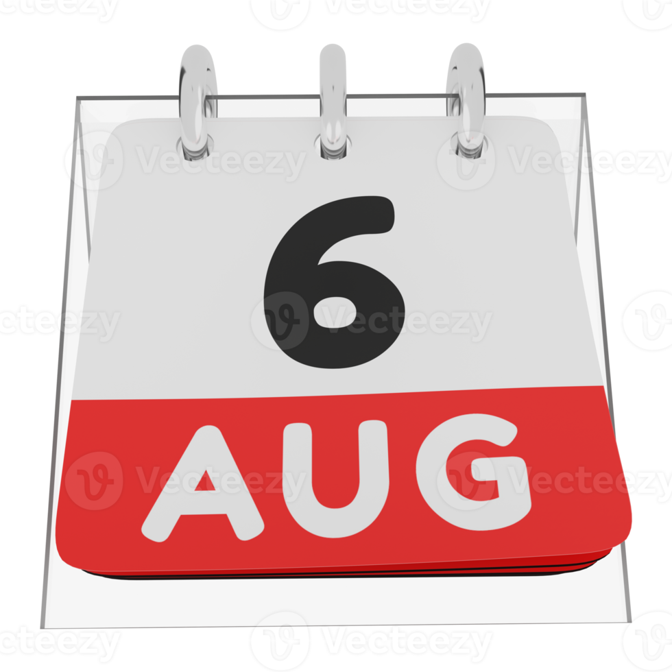 Glass calendar schedule 3d render 6 august front view png
