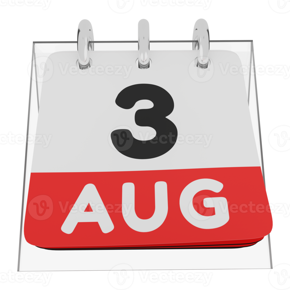 vidrio calendario calendario 3d render 3 agosto vista frontal png