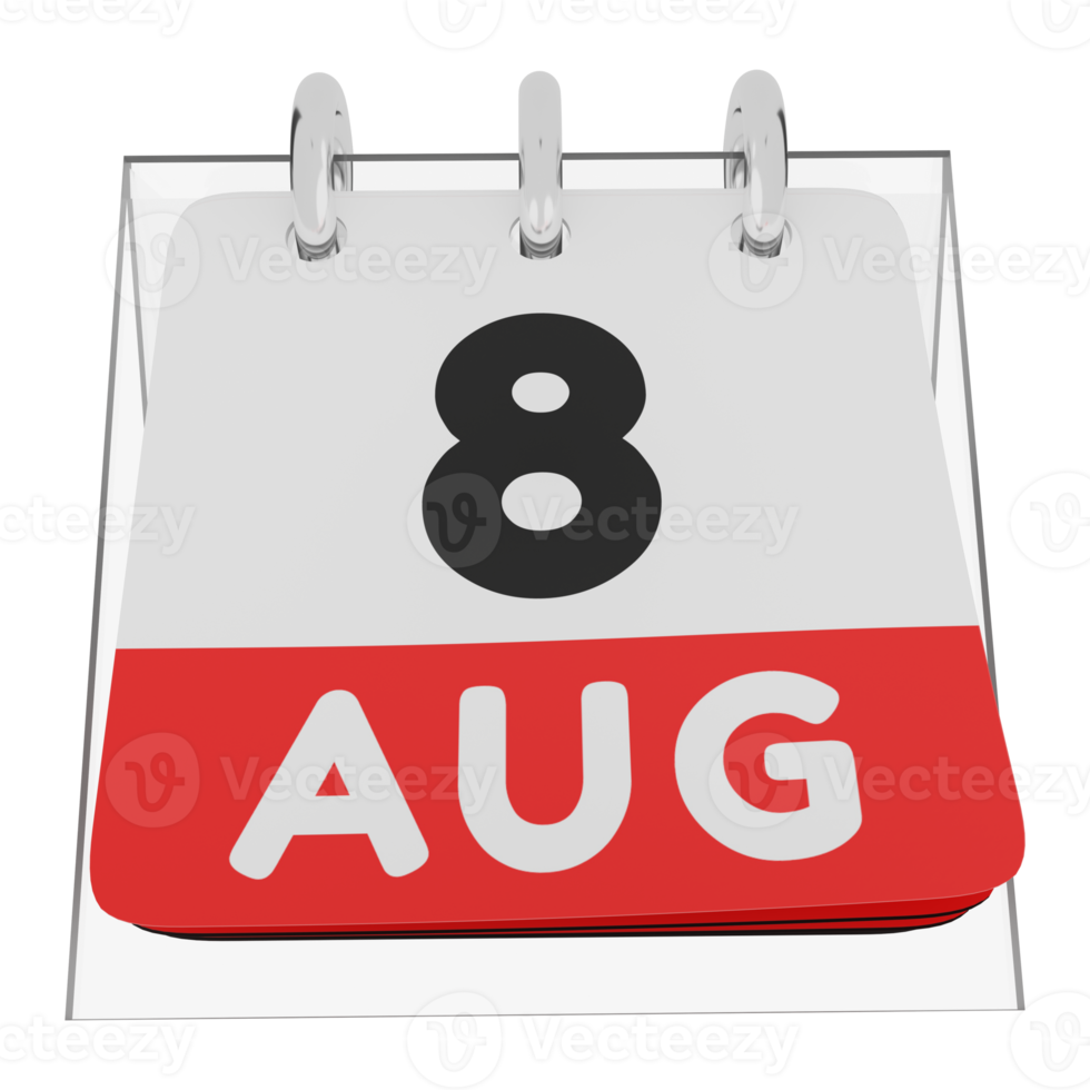 Glass calendar schedule 3d render 8 august front view png