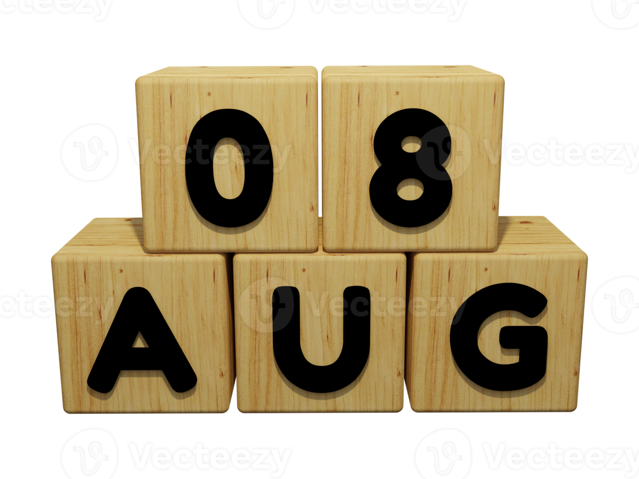 3D houten kalender weergave van 8 augustus concept illustratie vooraanzicht png