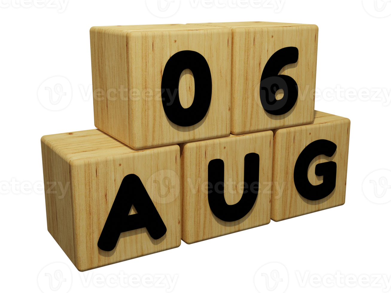 Rendu de calendrier en bois 3d du 6 août illustration de concept vue droite png