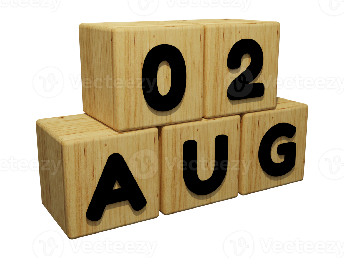 Rendu de calendrier en bois 3d du 2 août illustration de concept vue droite png