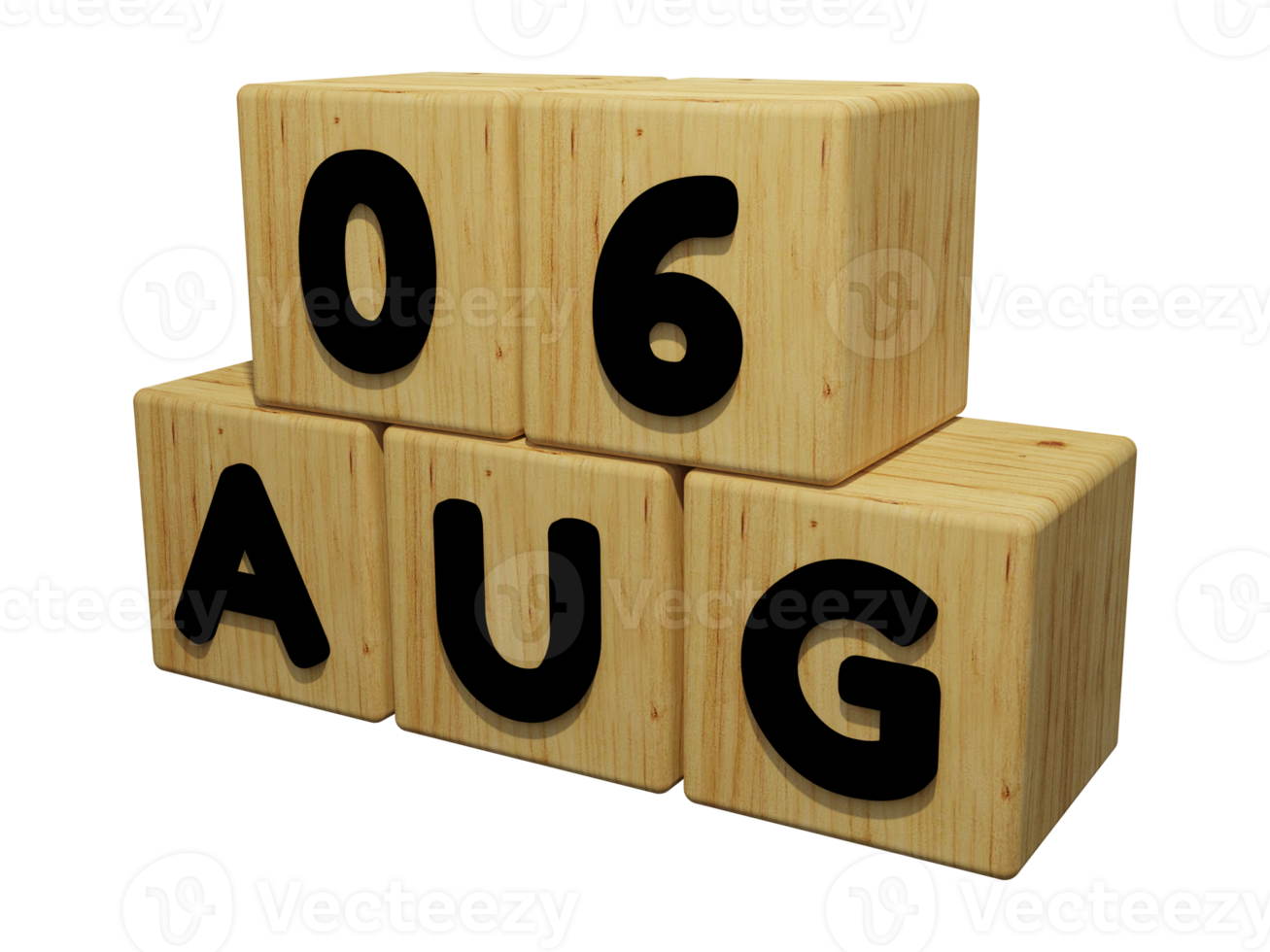 Rendu de calendrier en bois 3d du 6 août illustration de concept vue de gauche png