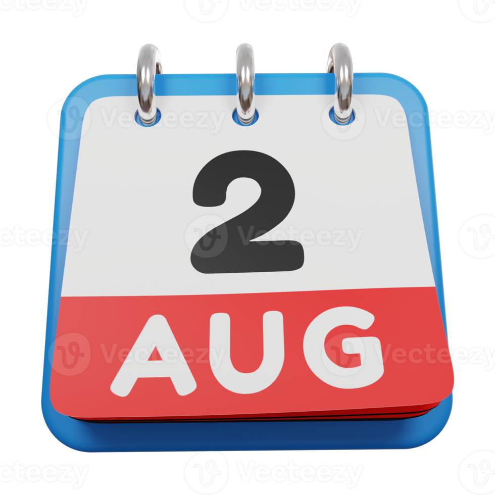 2 august day calendar 3d render front view png