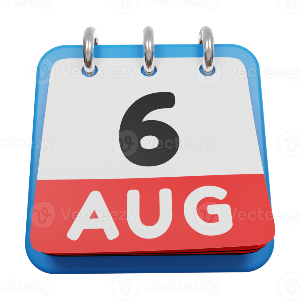 6 augustus dagkalender 3d render vooraanzicht png