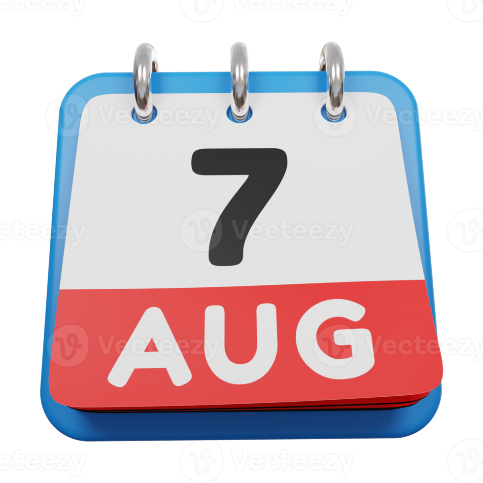 7 de agosto dia calendário 3d renderização vista frontal png