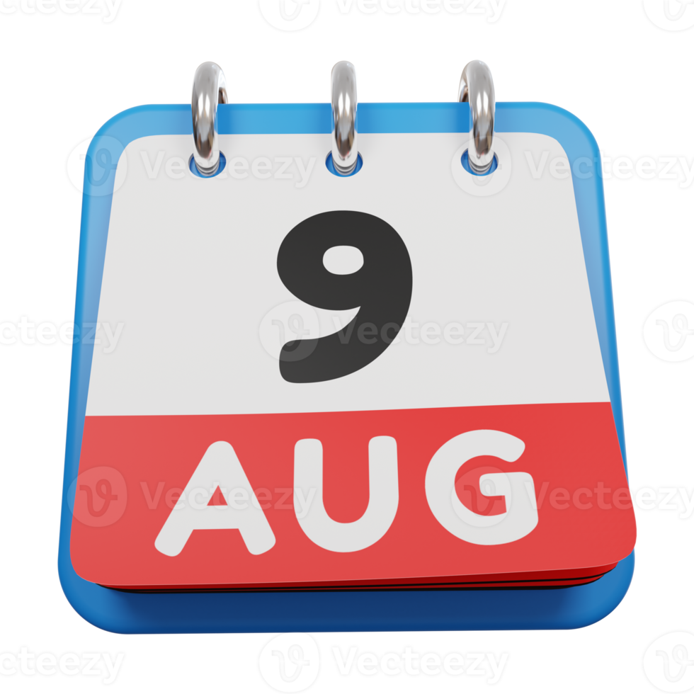 9 de agosto dia calendário 3d render vista frontal png