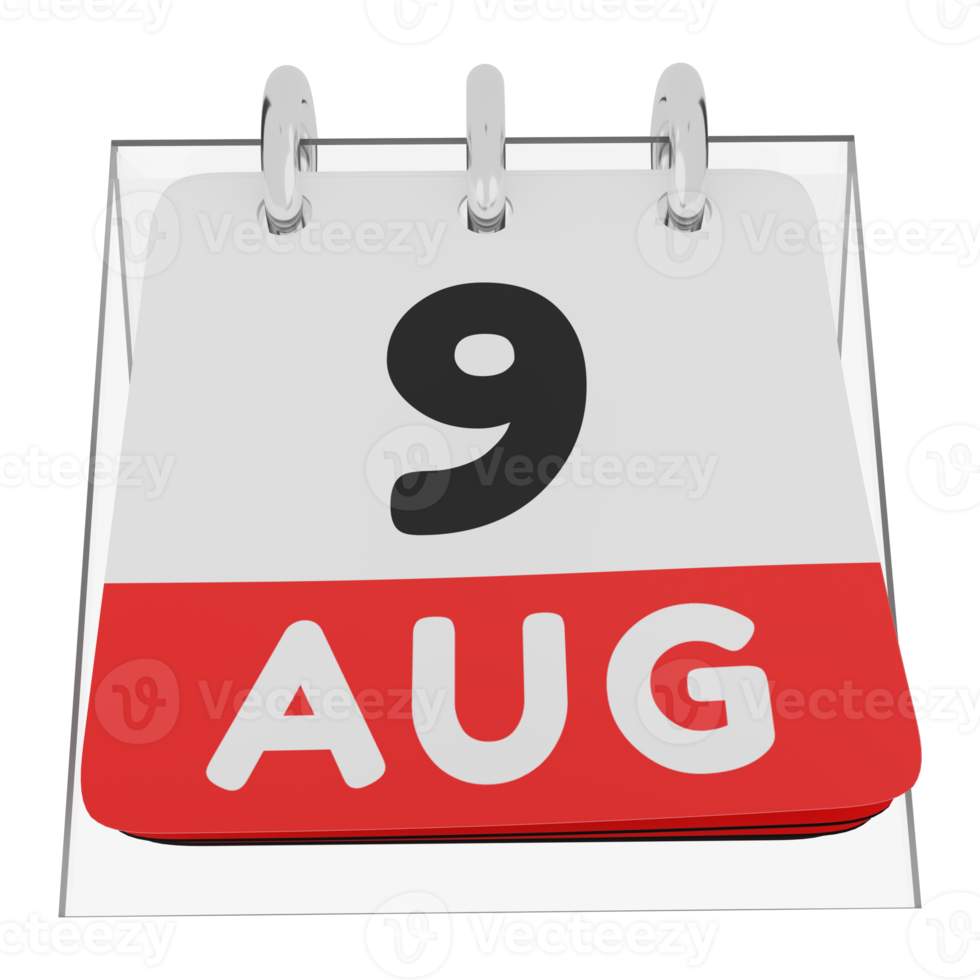 Glass calendar schedule 3d render 9 august front view png