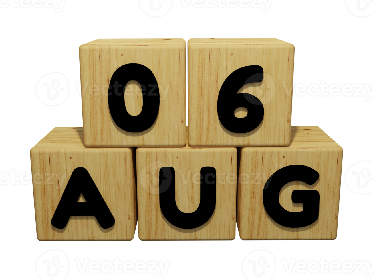 3D trä kalender rendering av 6 augusti koncept illustration framifrån png