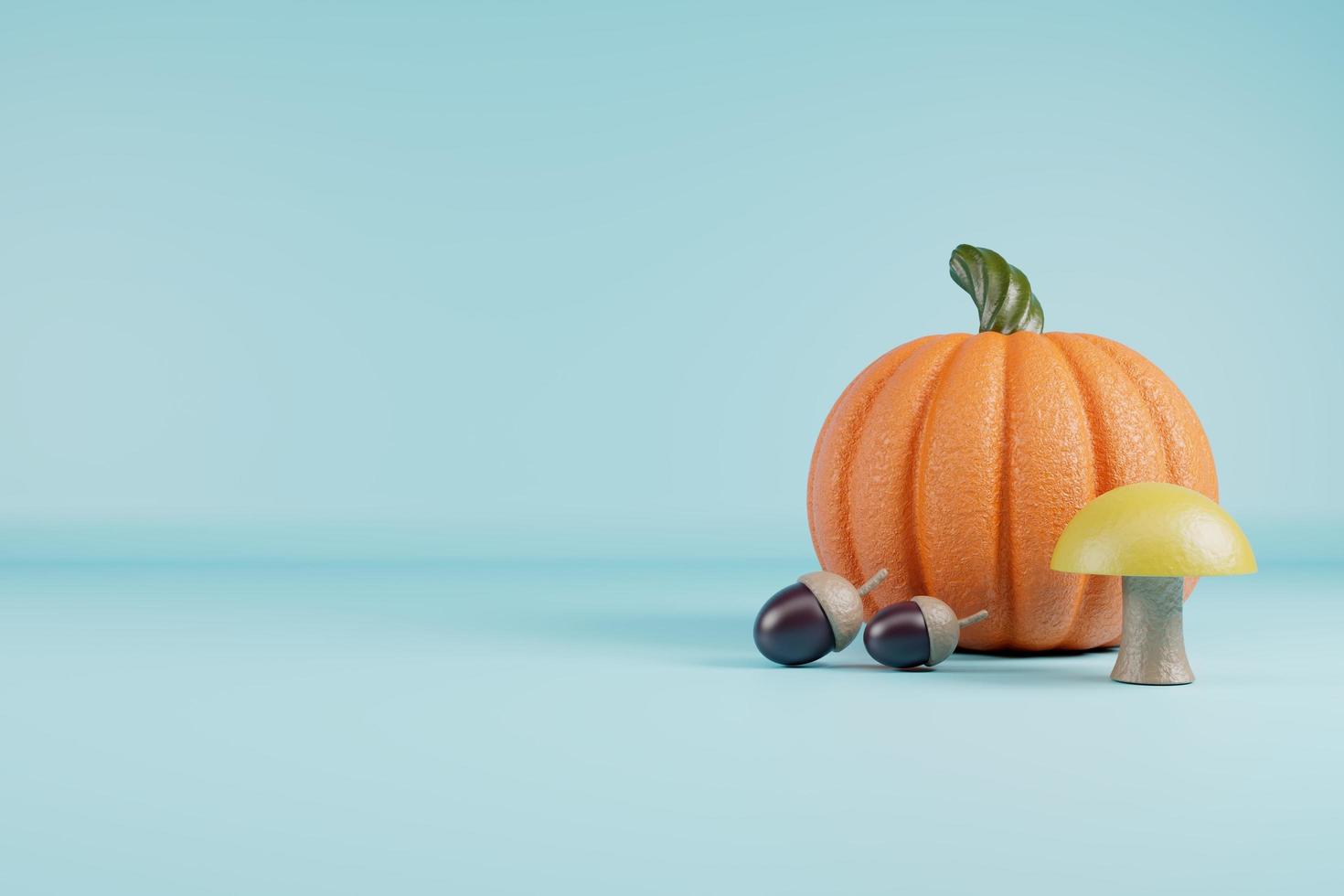 feliz día de acción de gracias calabaza con bellotas y champiñones sobre fondo azul 3d render. foto