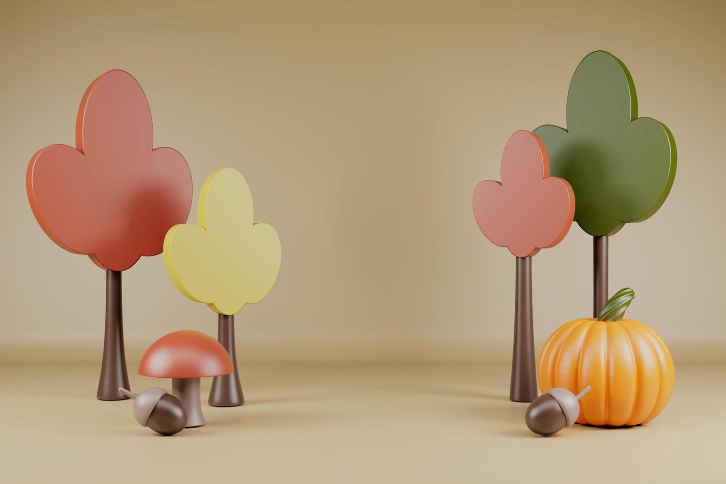 árboles de otoño con calabaza, bellotas y setas feliz thahksgiving 3d render. foto