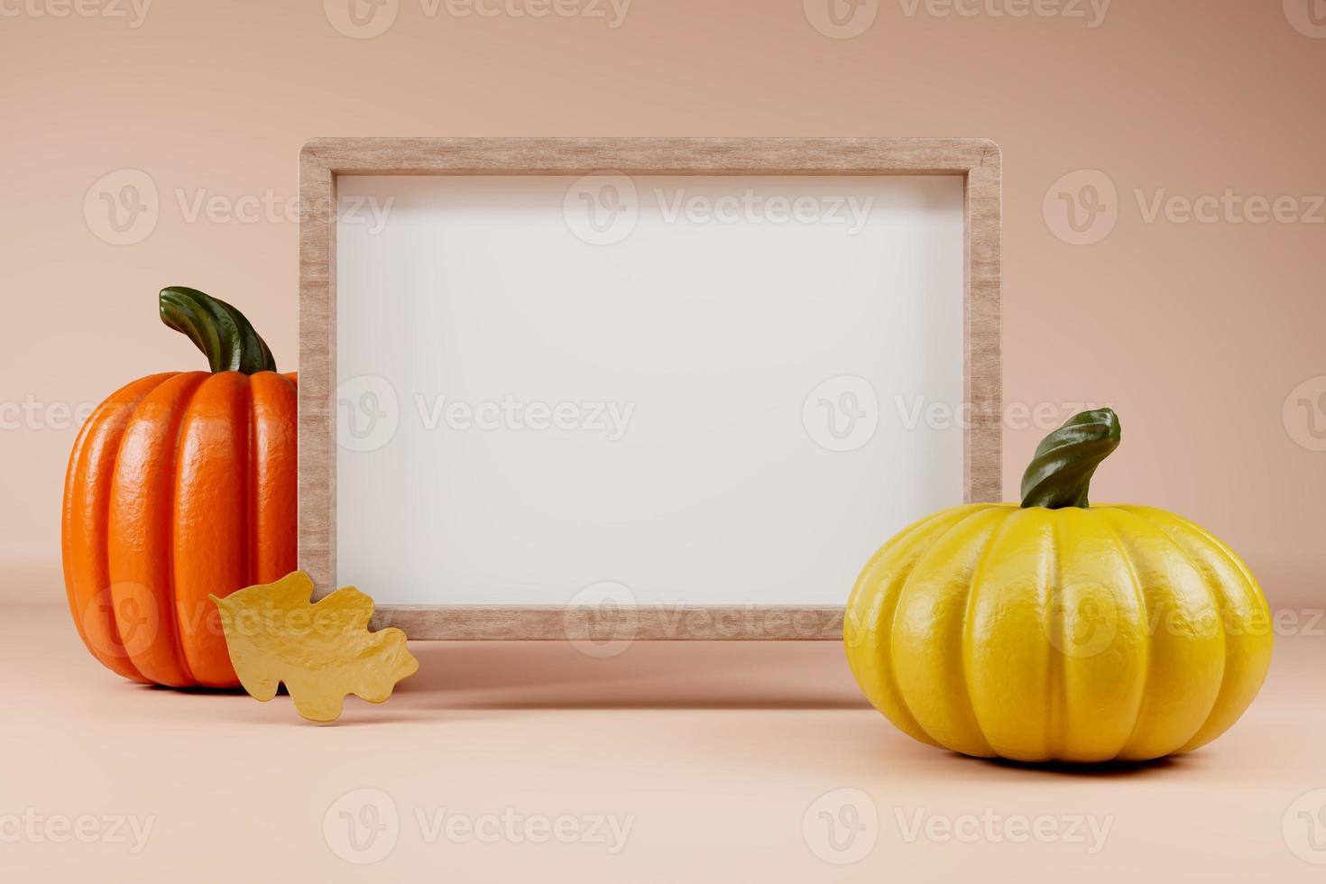 Wooden empty frame yellow and orange pumpkins with oak leave Happy Thahksgiving template 3d render. photo