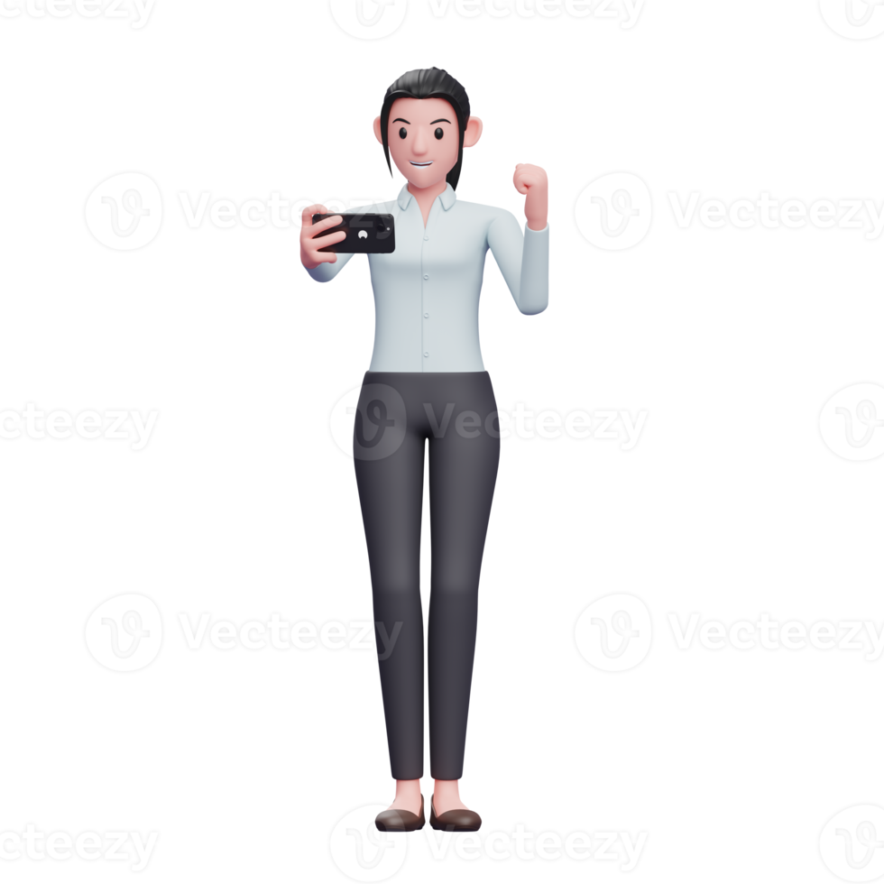 Business woman celebrating while looking at the phone screen, 3d render character illustration png