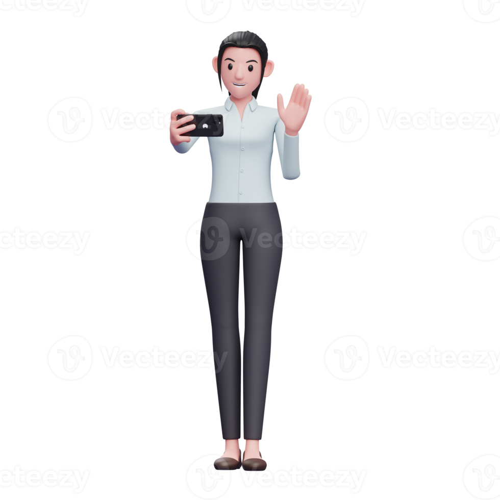 Cute Business woman make video calls, 3d render character illustration png