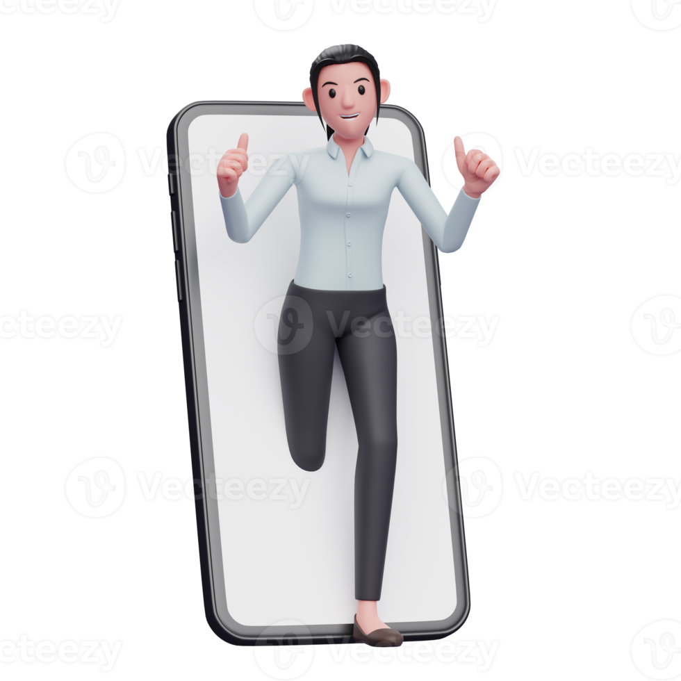 businesswoman appears from inside the phone screen while giving a thumbs up png