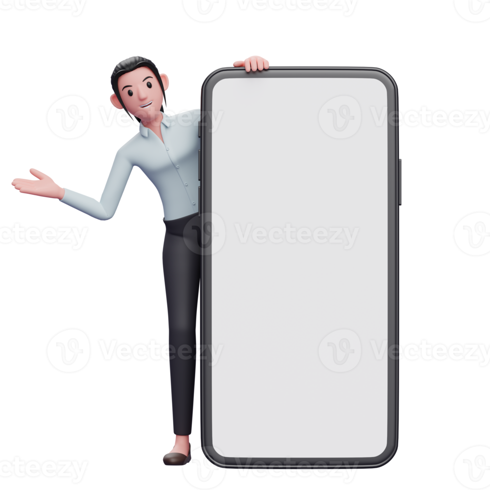 smart girl appears from behind a big phone png