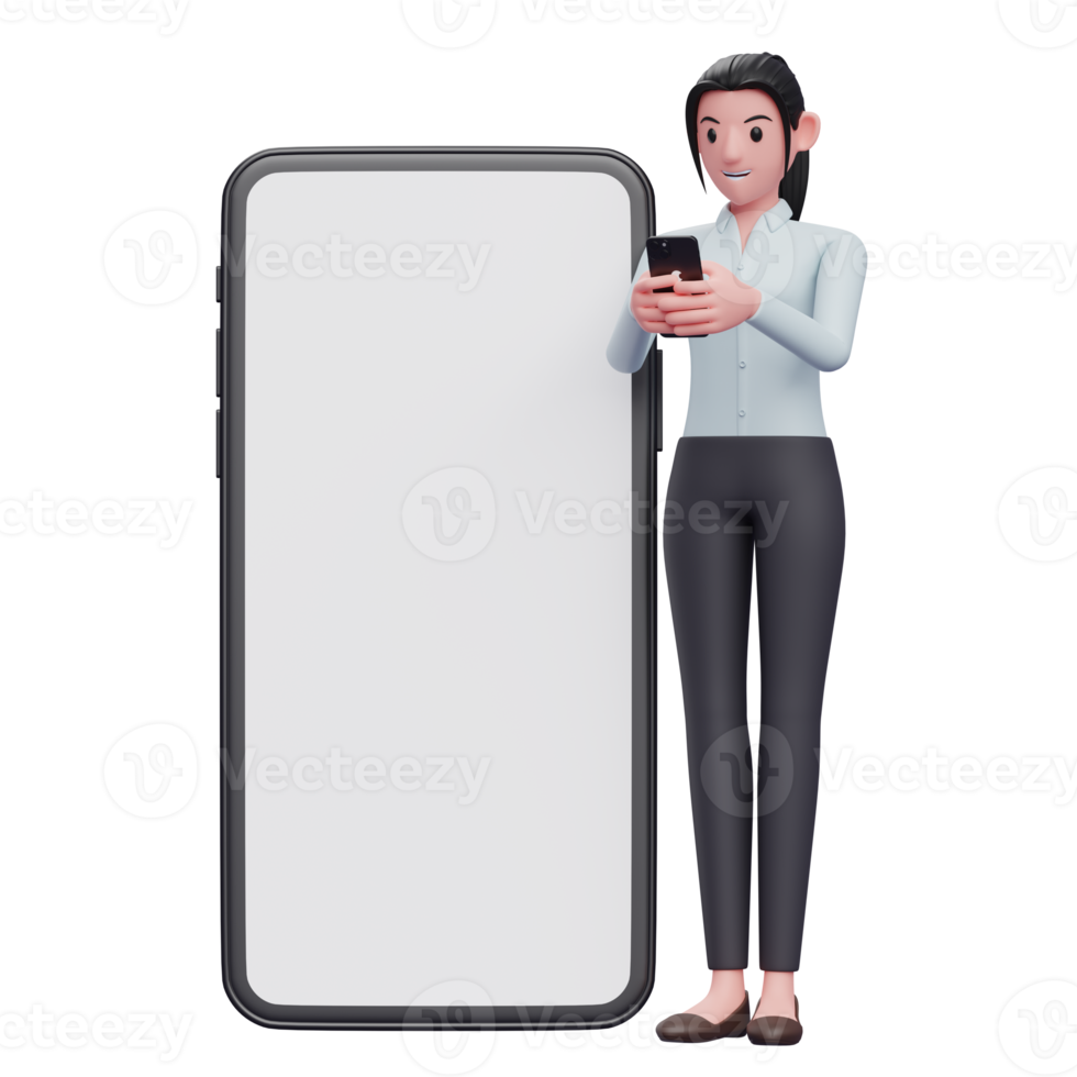 businesswoman is typing on the phone beside a big phone with a white screen png