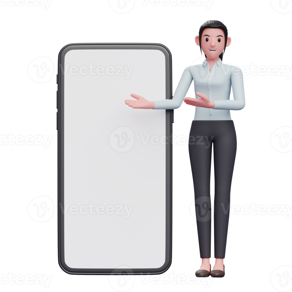 mujer de negocios de pie presentando un teléfono grande con pantalla blanca png