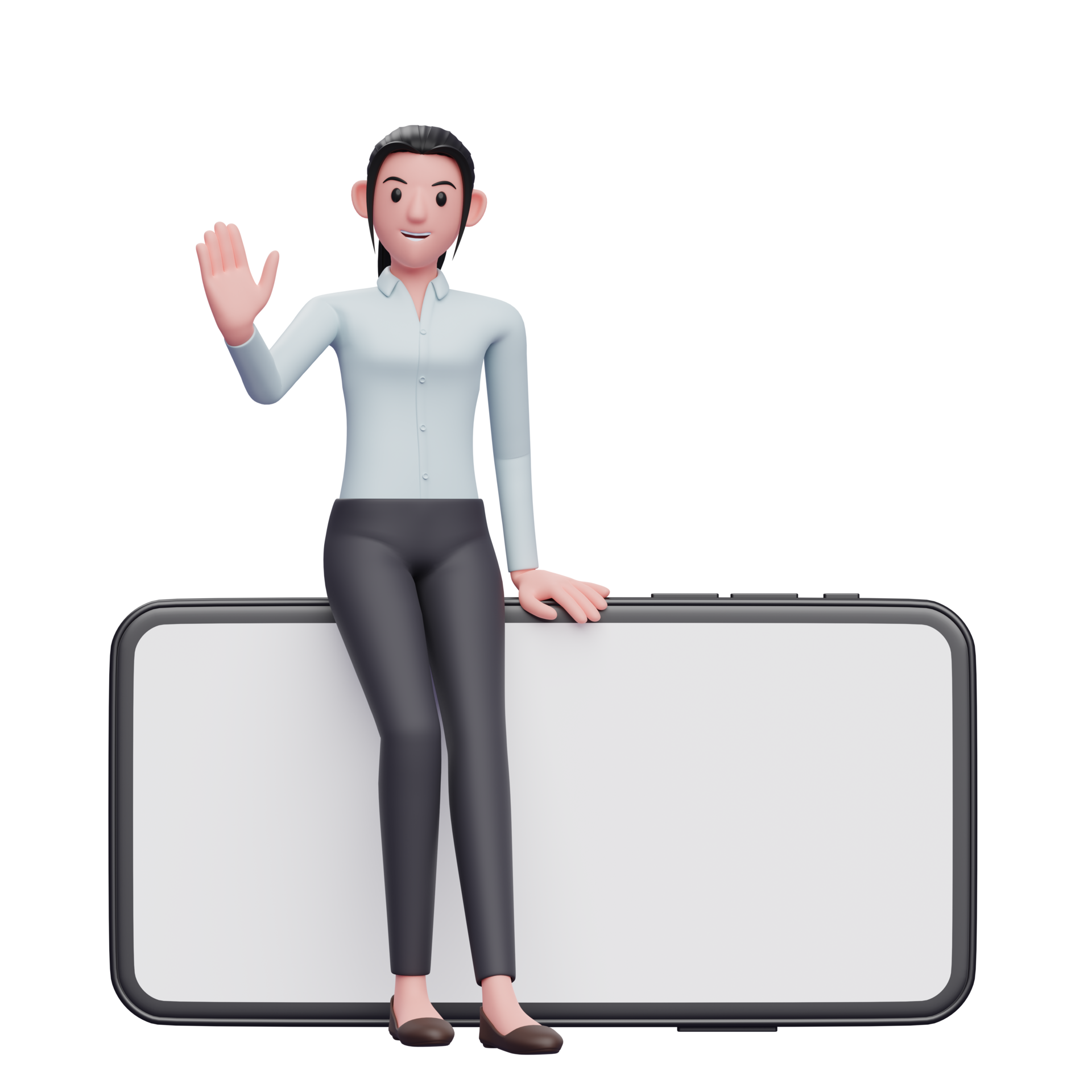 business woman sitting casually on a landscape phone and waving hand