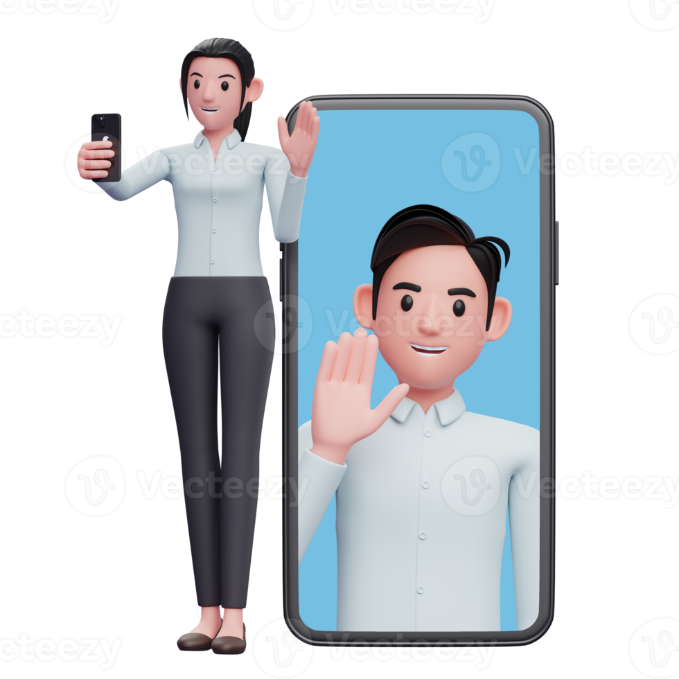 woman making a video call with colleagues on a large mobile phone screen background png