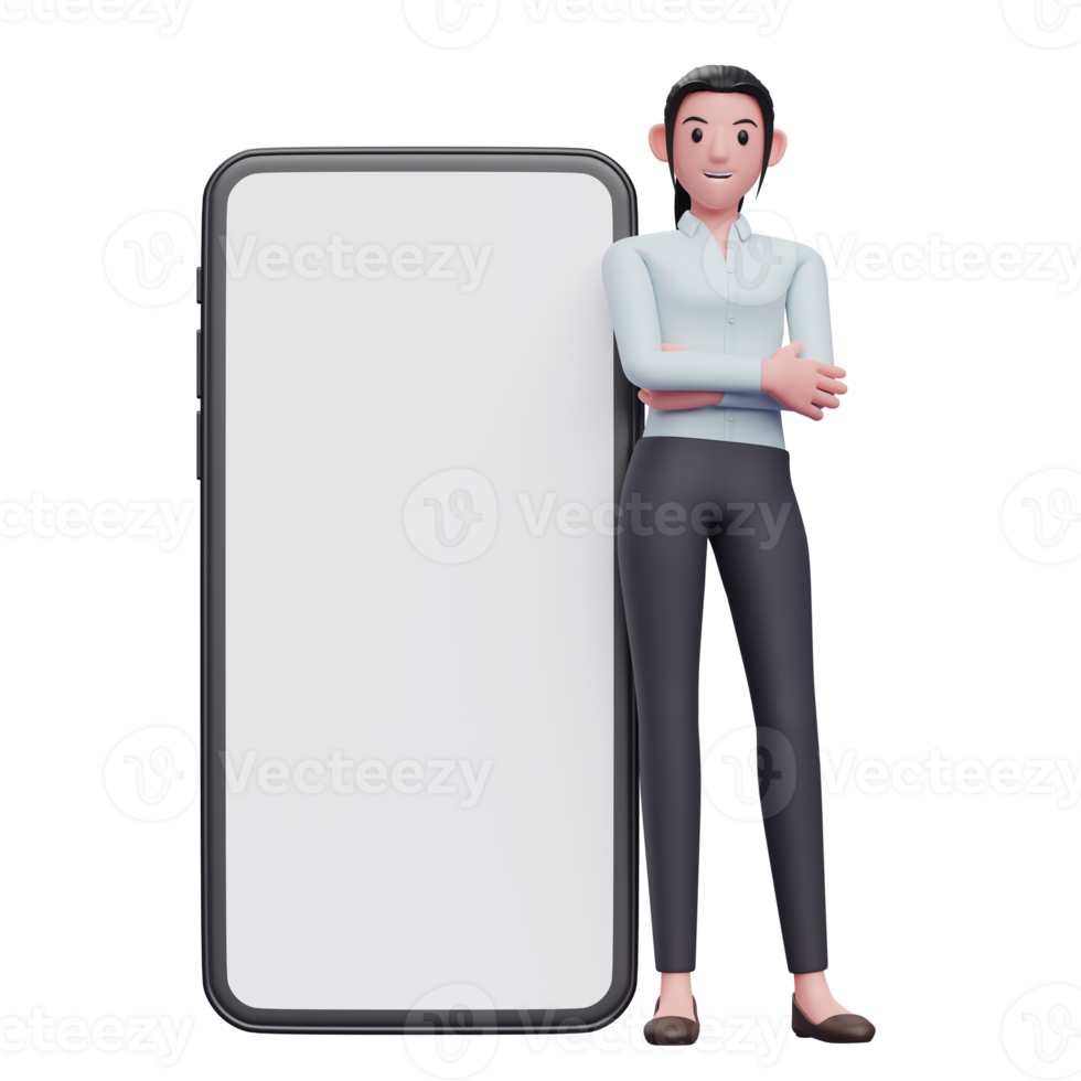 woman wearing blue shirt leaning on phone with big white screen png