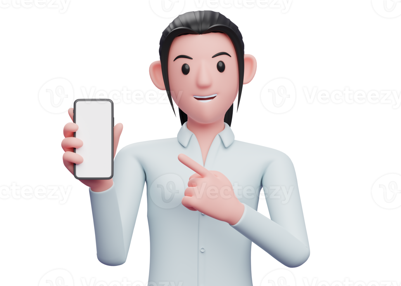 portrait of business woman pointing cell phone in hand png