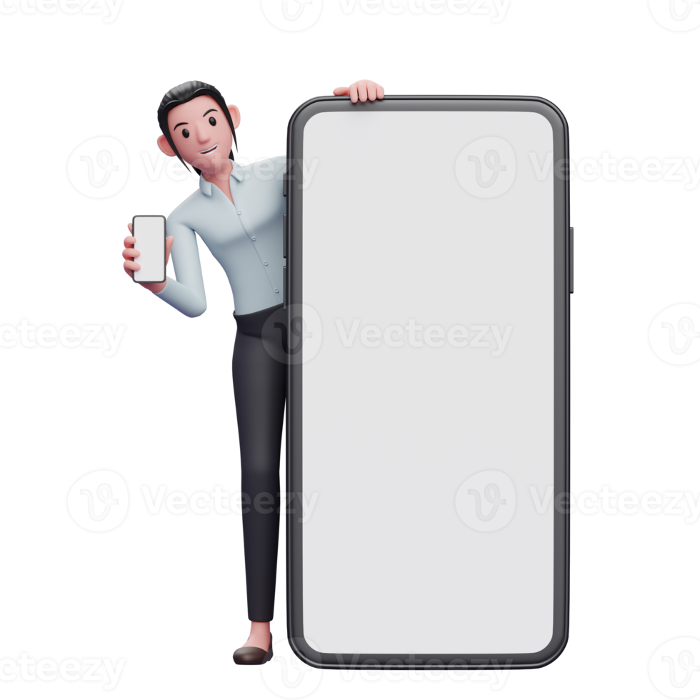 smart girl appears from behind a big phone and holding phone png