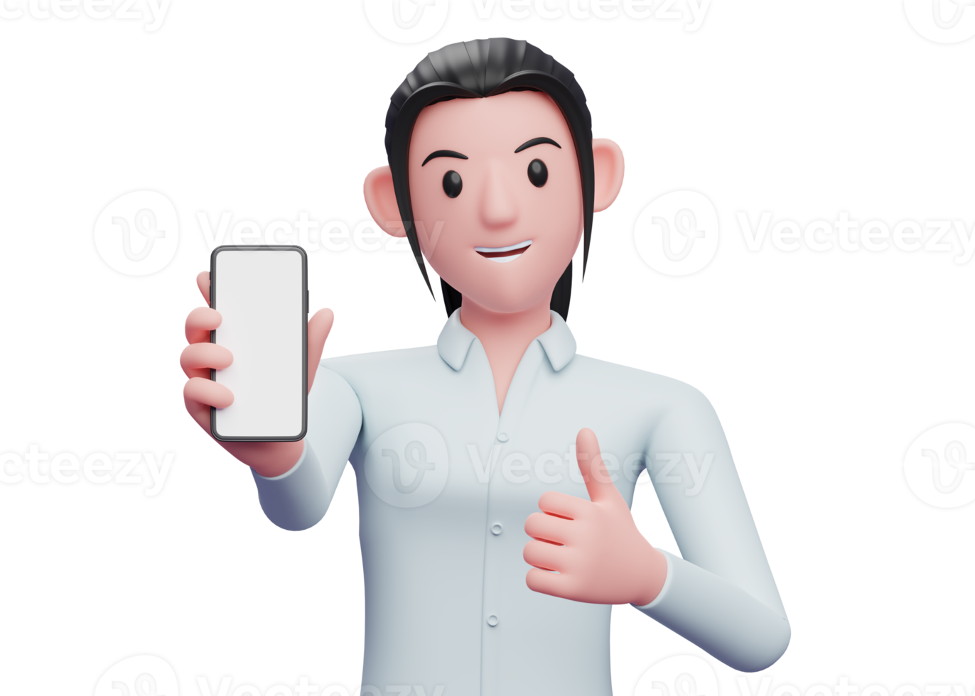 portrait of a business woman showing the phone screen to the camera with a thumbs up png