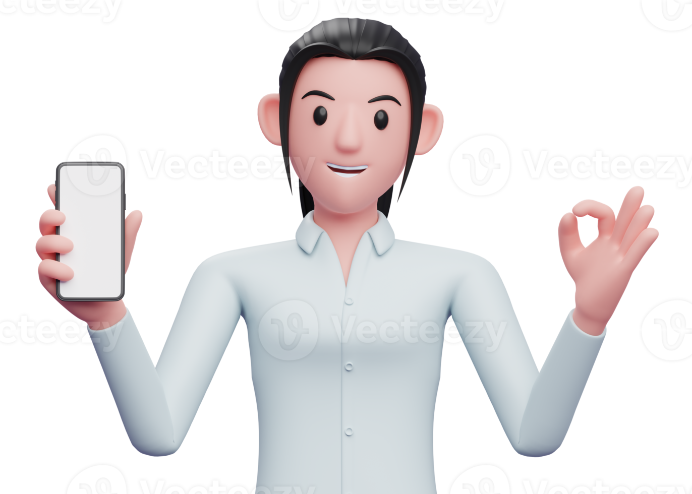 portrait of a business woman holding a cell phone while giving an ok finger gesture png