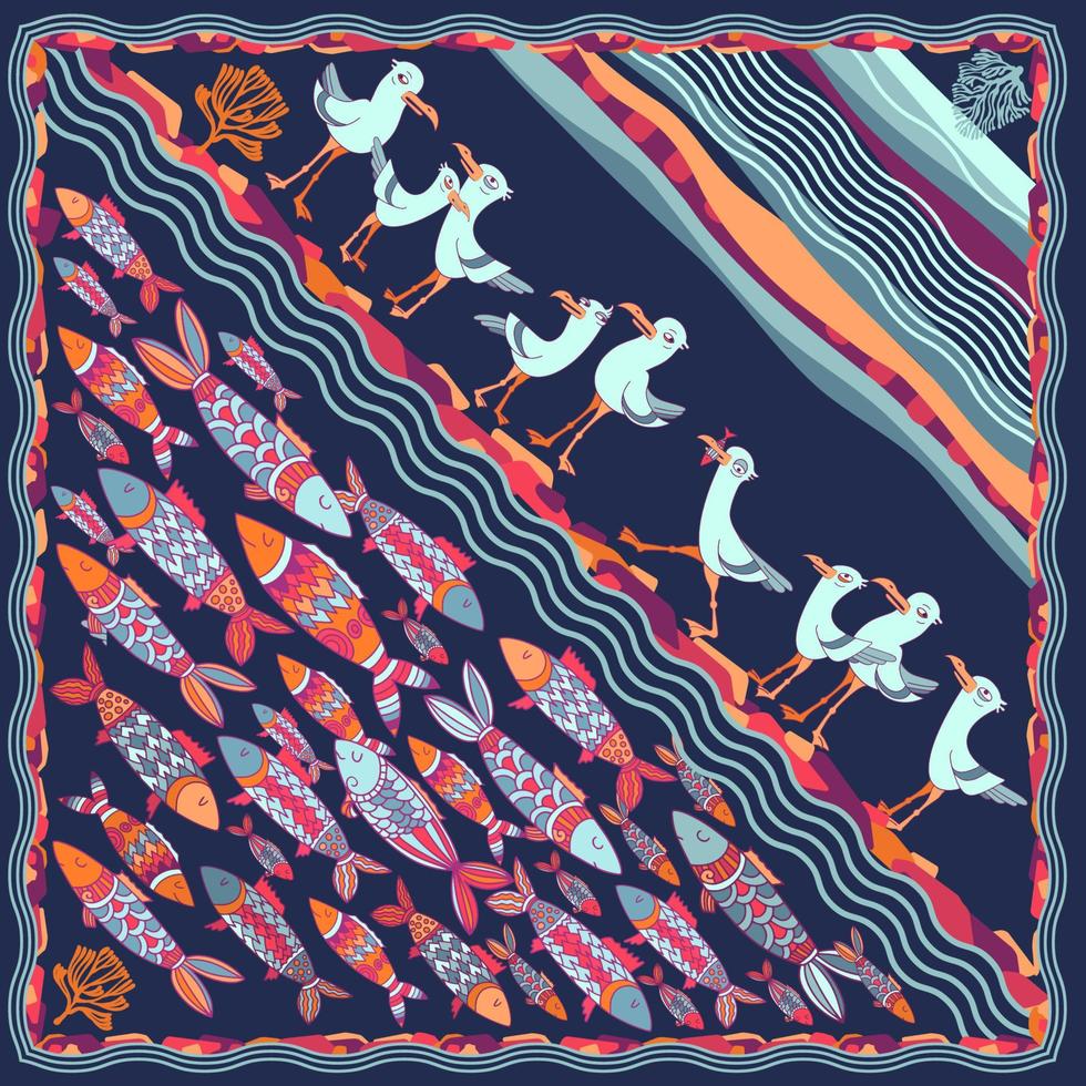 Scarf pattern design with cartoon fishes and birds. Vector illustration.