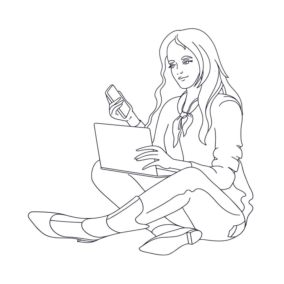 la joven está sentada y leyendo. chica estudiando, sosteniendo portátil y teléfono. Chica de estudiantes de dibujo a mano alzada con dispositivos aislados sobre fondo blanco. ilustración vectorial de contorno. vector