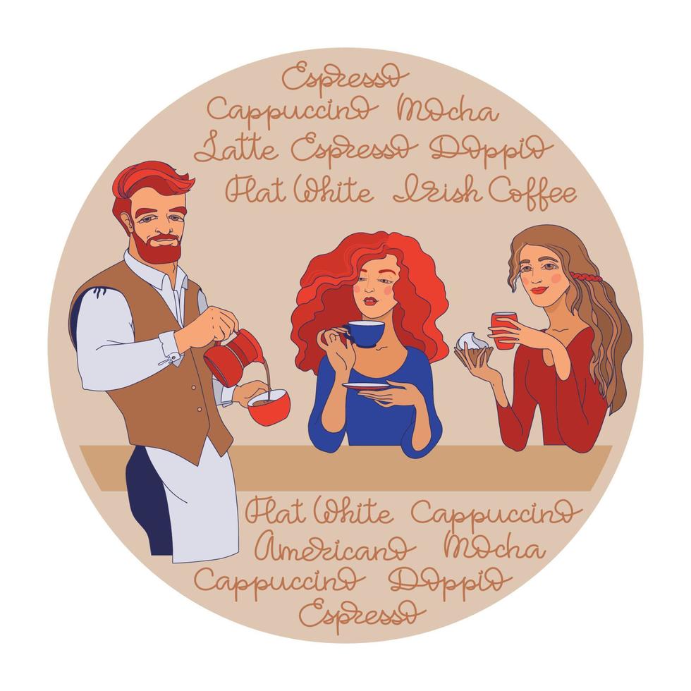 barista y mujeres jóvenes con una taza de café. vector. vector