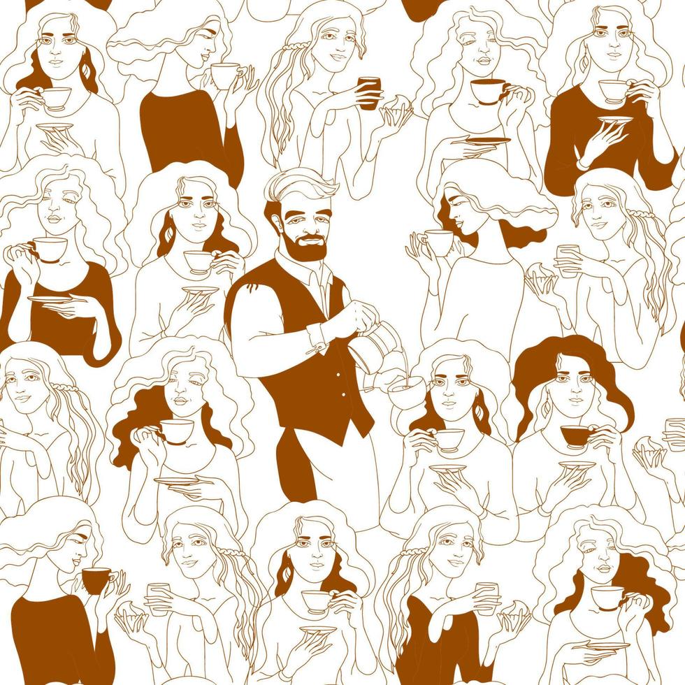 Man and women with a cup of coffee. Seamless pattern. vector