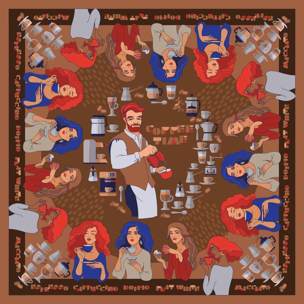 Barista and young women with cups. Scarf pattern design. Vector. vector