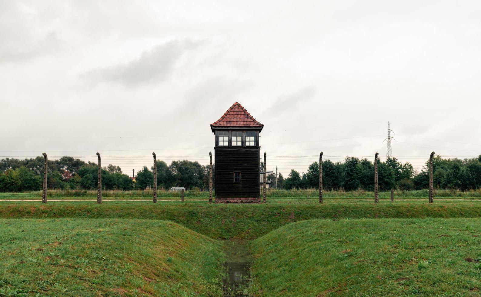 Auschwitz, Poland, September 18, 2021 Watchtower in the Auschwitz Birkenau death camp. photo