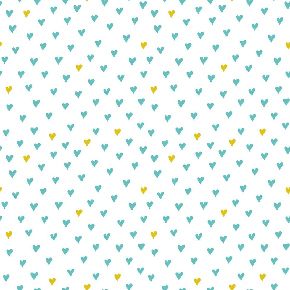 Beautiful seamless pattern with blue and yellow hearts repeated on white background. Abstract vector illustration. Cute print for fabric, wallpaper, scrapbook and wrapping paper.